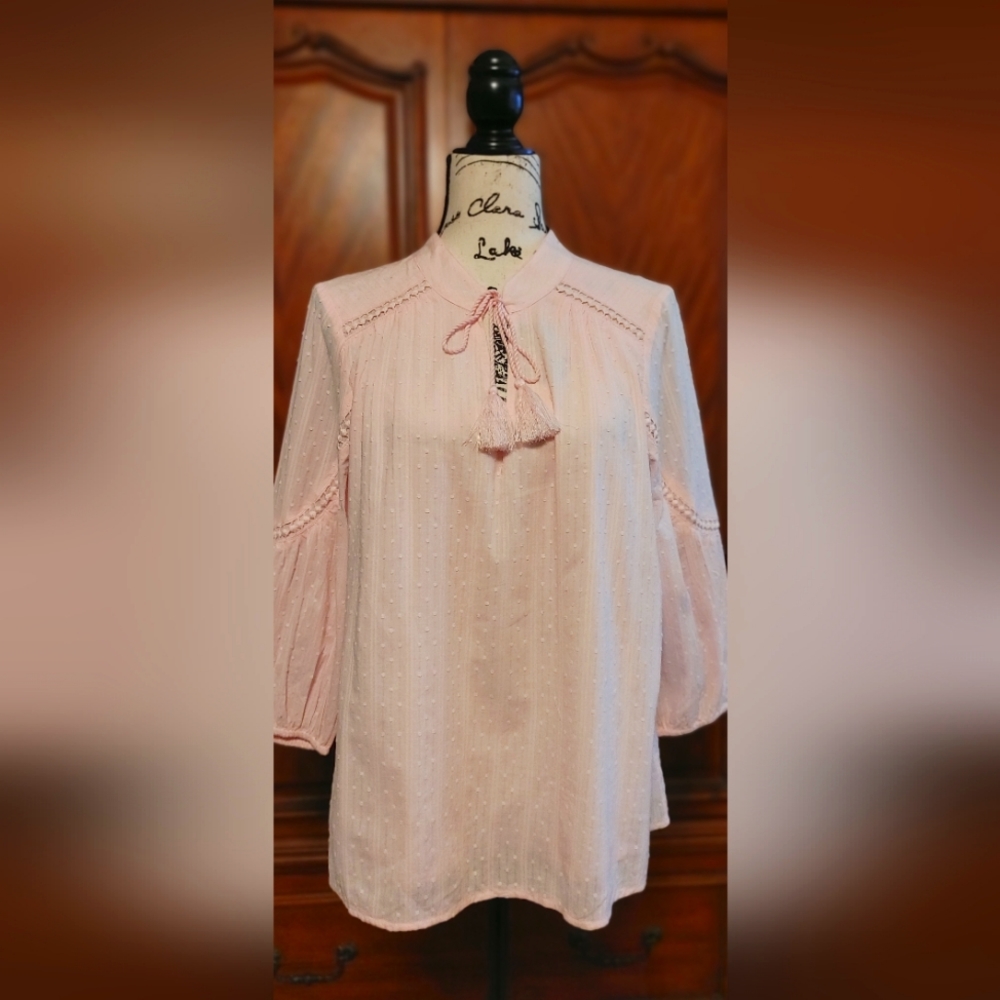 Crown & Ivy, NWT, size M, pink, cotton, bohemian style tie long sleeve tunic